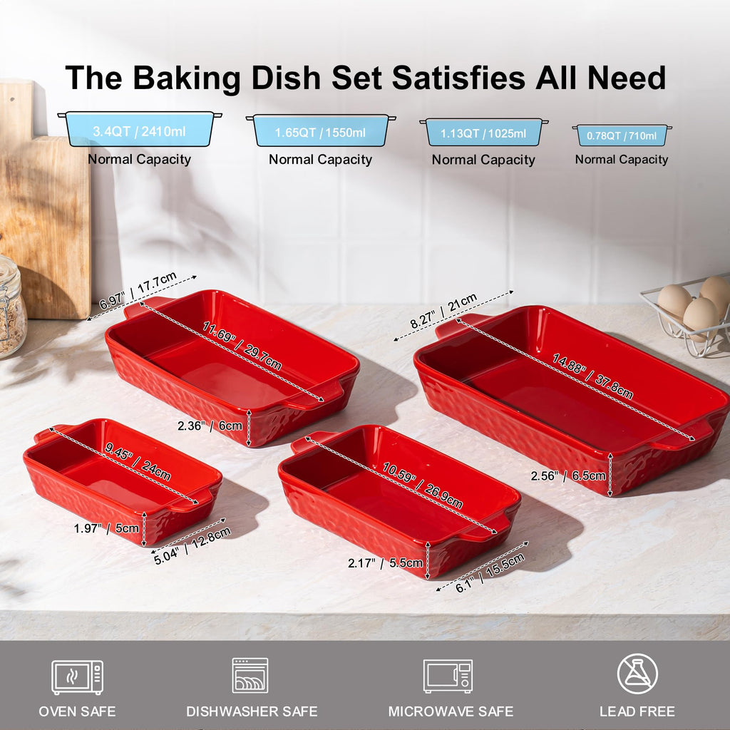 Casserole Dishes for Oven, Baking Dishes, Ceramic Bakeware Sets of 4, Rectangular Baking Pan Set with Handles for Baking, Casserole, Kitchen, Wedding Gift,White