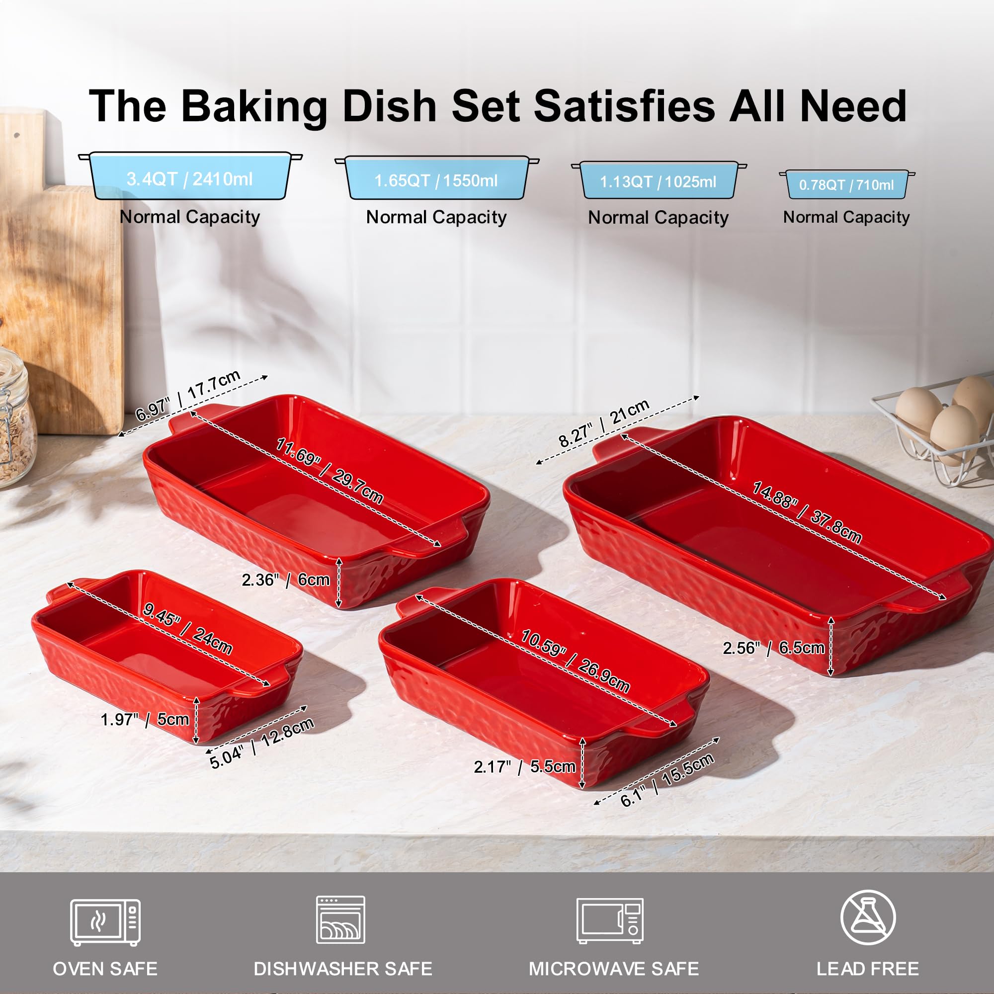 Casserole Dishes for Oven, Baking Dishes, Ceramic Bakeware Sets of 4, Rectangular Baking Pan Set with Handles for Baking, Casserole, Kitchen, Wedding Gift,White