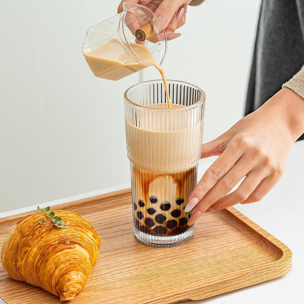 20oz Ribbed Glass Tumblers with 2 in 1 Lids & Extra-Wide 13mm Reusable Stainless Steel Straws, 2Pcs Leak-proof Vintage Drinking Glasses for Boba, Iced Coffee, Smoothies, Hot & Cold Drinks,Travel Cups