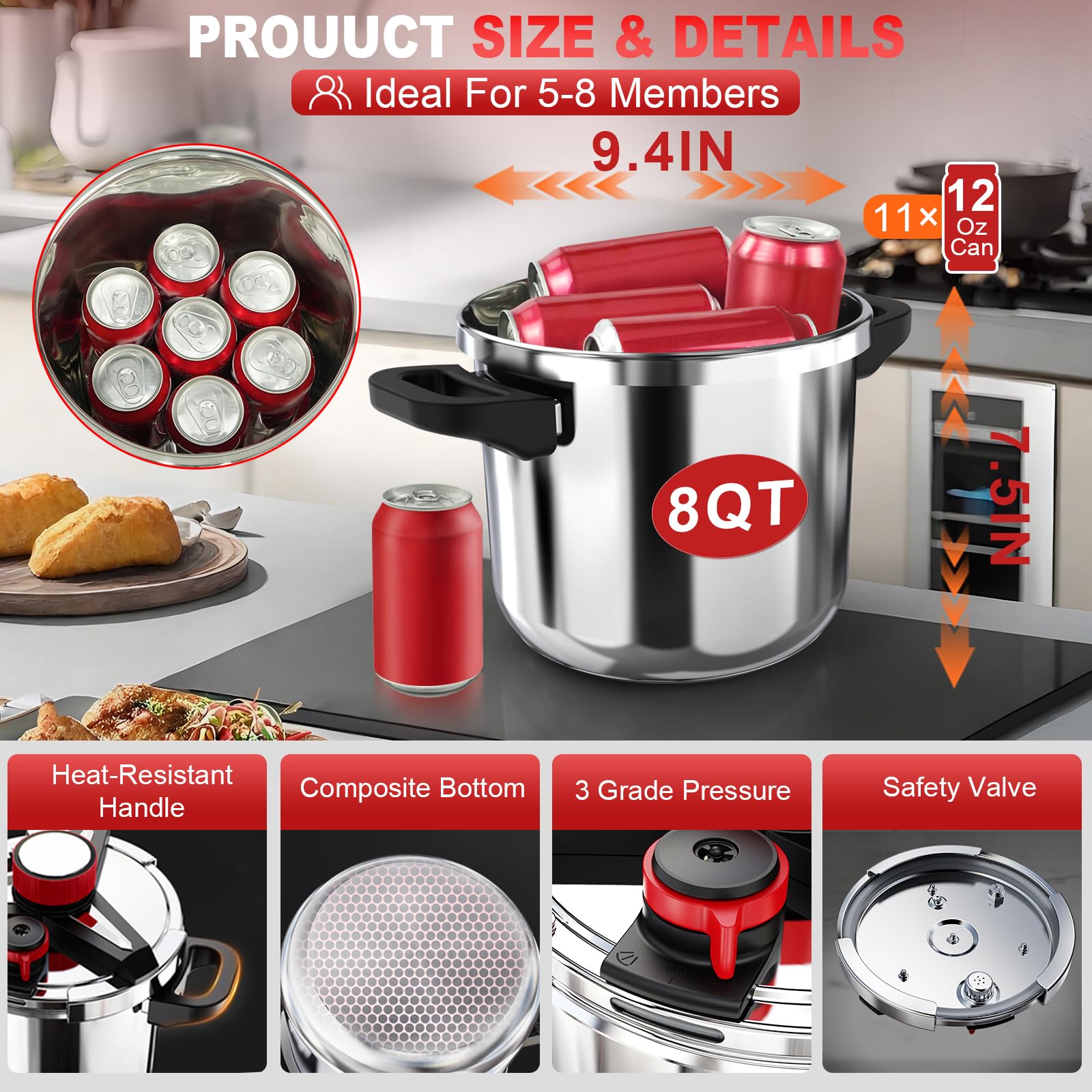 18/8 Stainless Steel Pressure Cooker 6 Quart, [One-Hand Locking] Olla de Presion, [3-In-1] Pressure Cooker, Includes Glass Lid & Steamer, Induction Compatible, Gas Stovetop Compatible