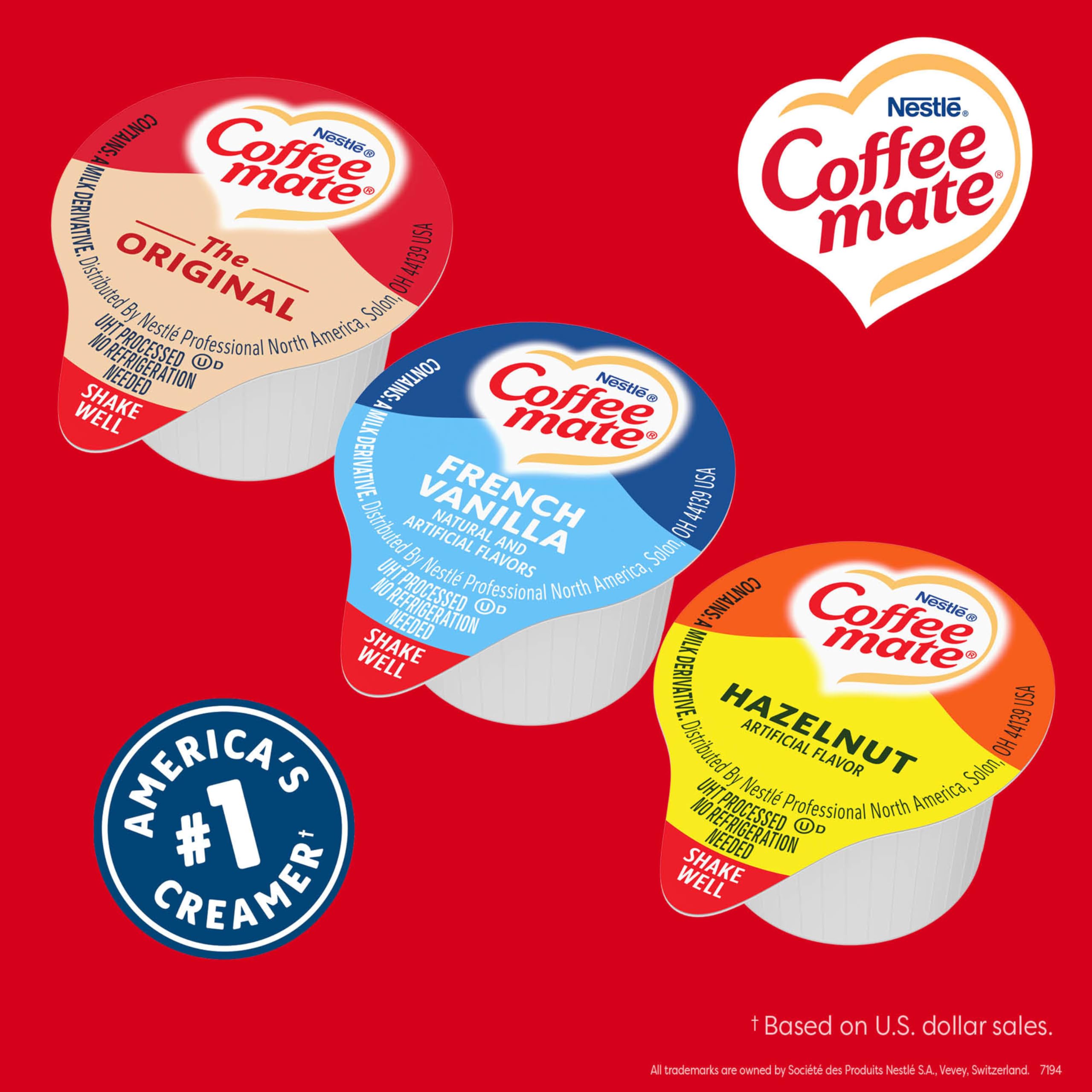 Nestle Coffee mate Creamer Singles Variety Pack, Original, French Vanilla, Hazelnut, Non Dairy, No Refrigeration, 150 Count (Pack of 3)