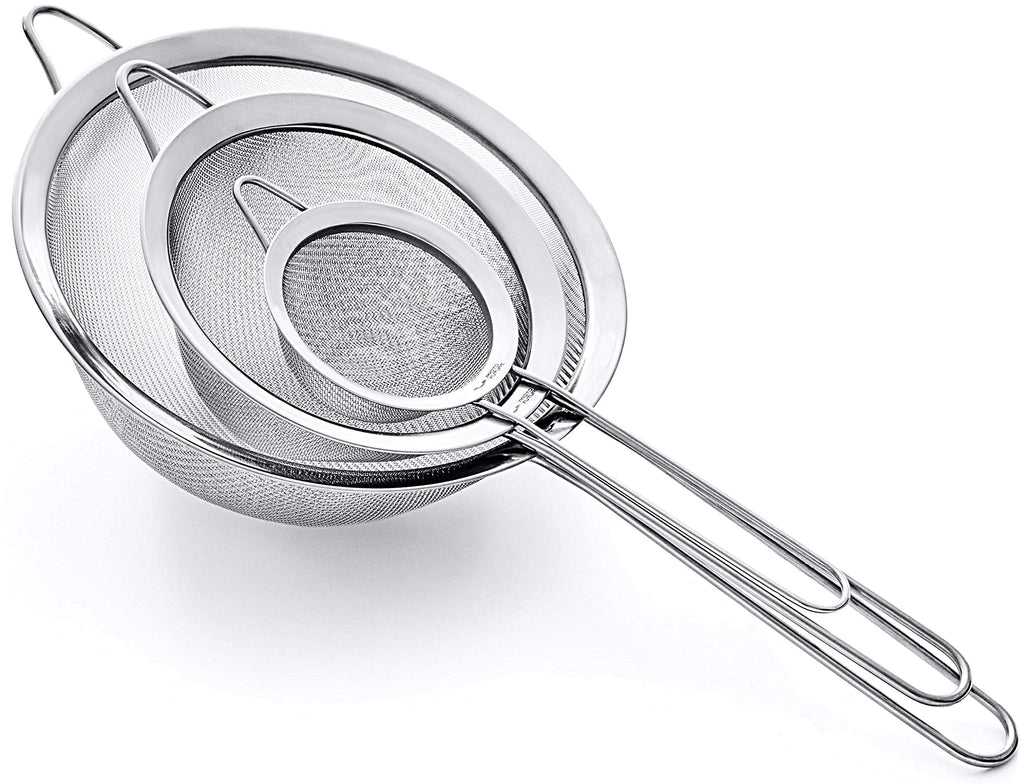 Strainer Set Fine Mesh – Premium 304 Stainless Steel (18/8) – 8″, 5.5″ and 3.3″ Sturdy Kitchen Strainers (Silver)