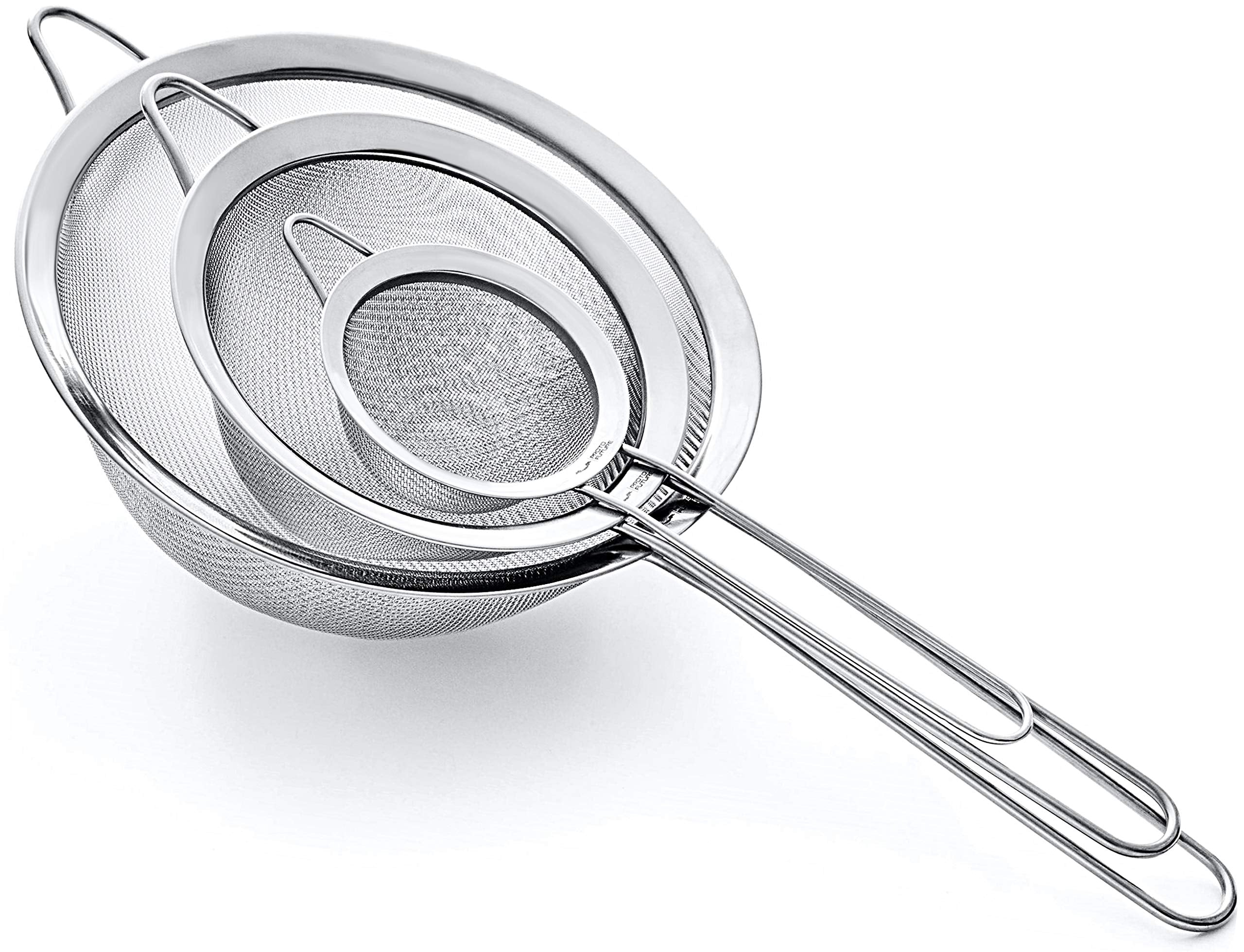 Strainer Set Fine Mesh – Premium 304 Stainless Steel (18/8) – 8″, 5.5″ and 3.3″ Sturdy Kitchen Strainers (Silver)