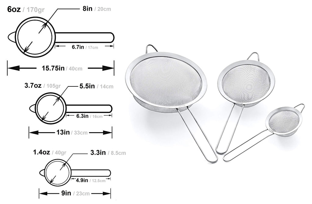 Strainer Set Fine Mesh – Premium 304 Stainless Steel (18/8) – 8″, 5.5″ and 3.3″ Sturdy Kitchen Strainers (Silver)