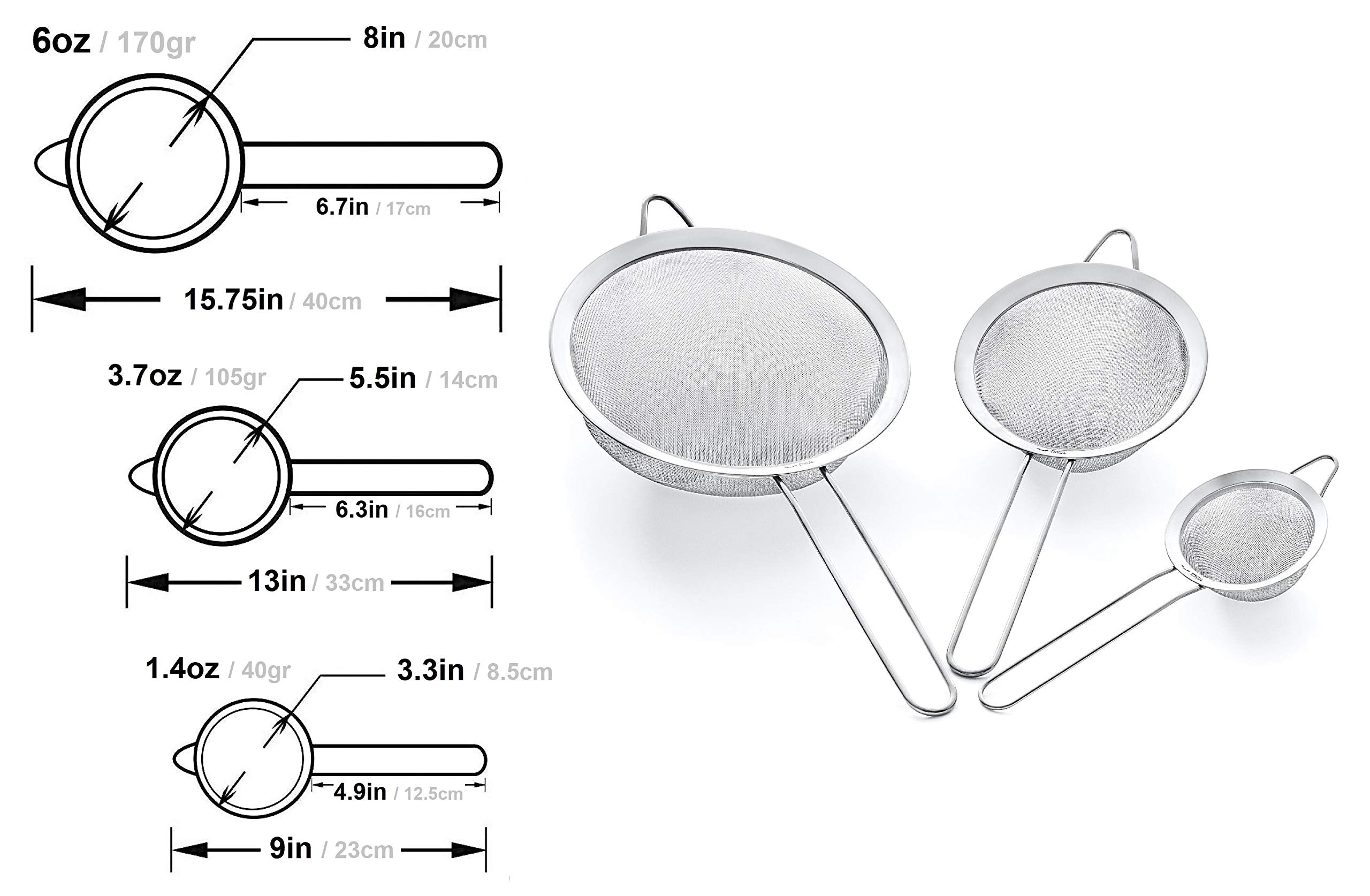 Strainer Set Fine Mesh – Premium 304 Stainless Steel (18/8) – 8″, 5.5″ and 3.3″ Sturdy Kitchen Strainers (Silver)