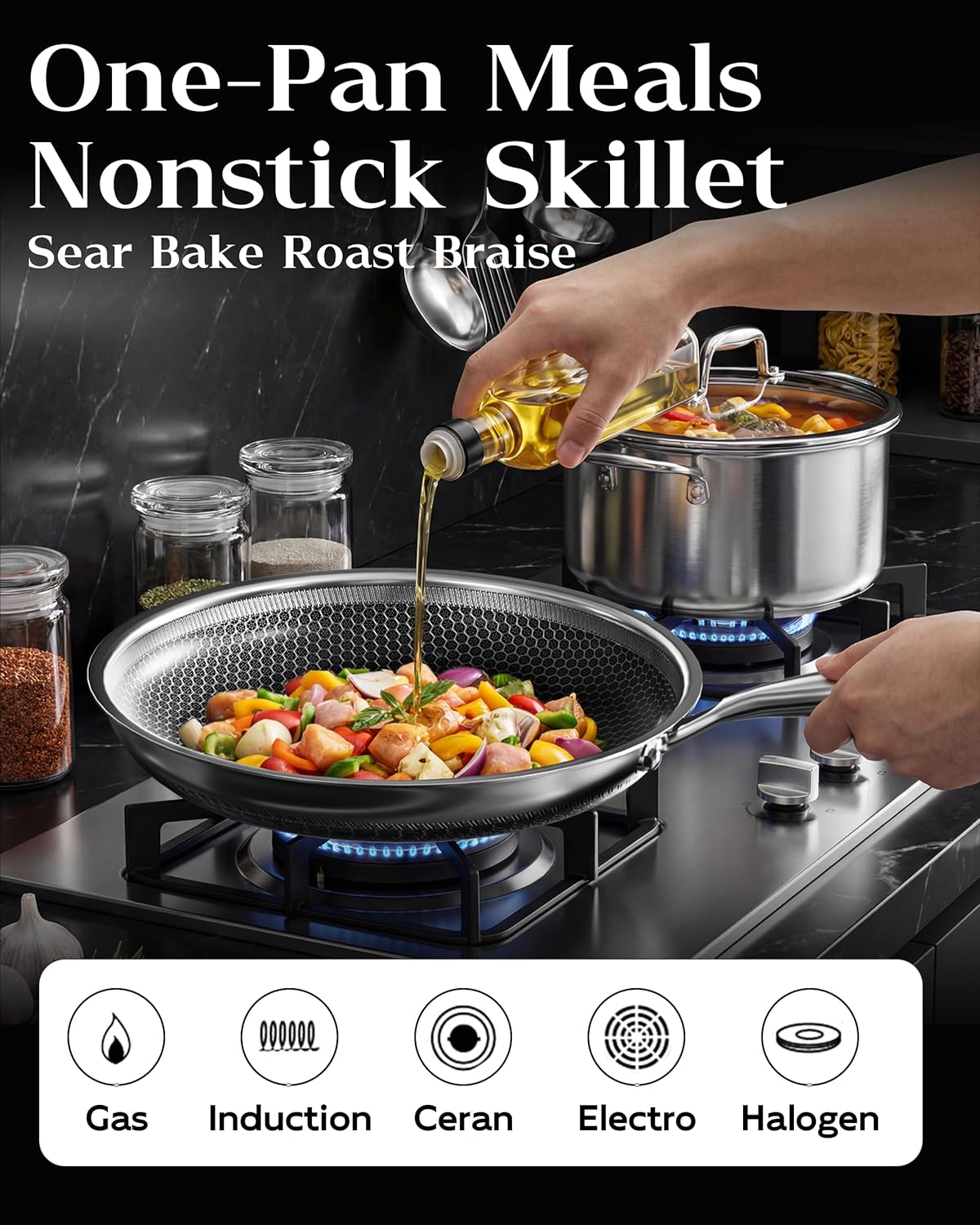 Honeycomb Stainless Steel Nonstick Frying Pan with Lid 10 Inch, Induction Cooktop Compatible Skillet, PFOA-Free Scratch-Proof, Dishwasher & Oven Safe, Stay-Cool Handle, Silver Kitchen Cookware