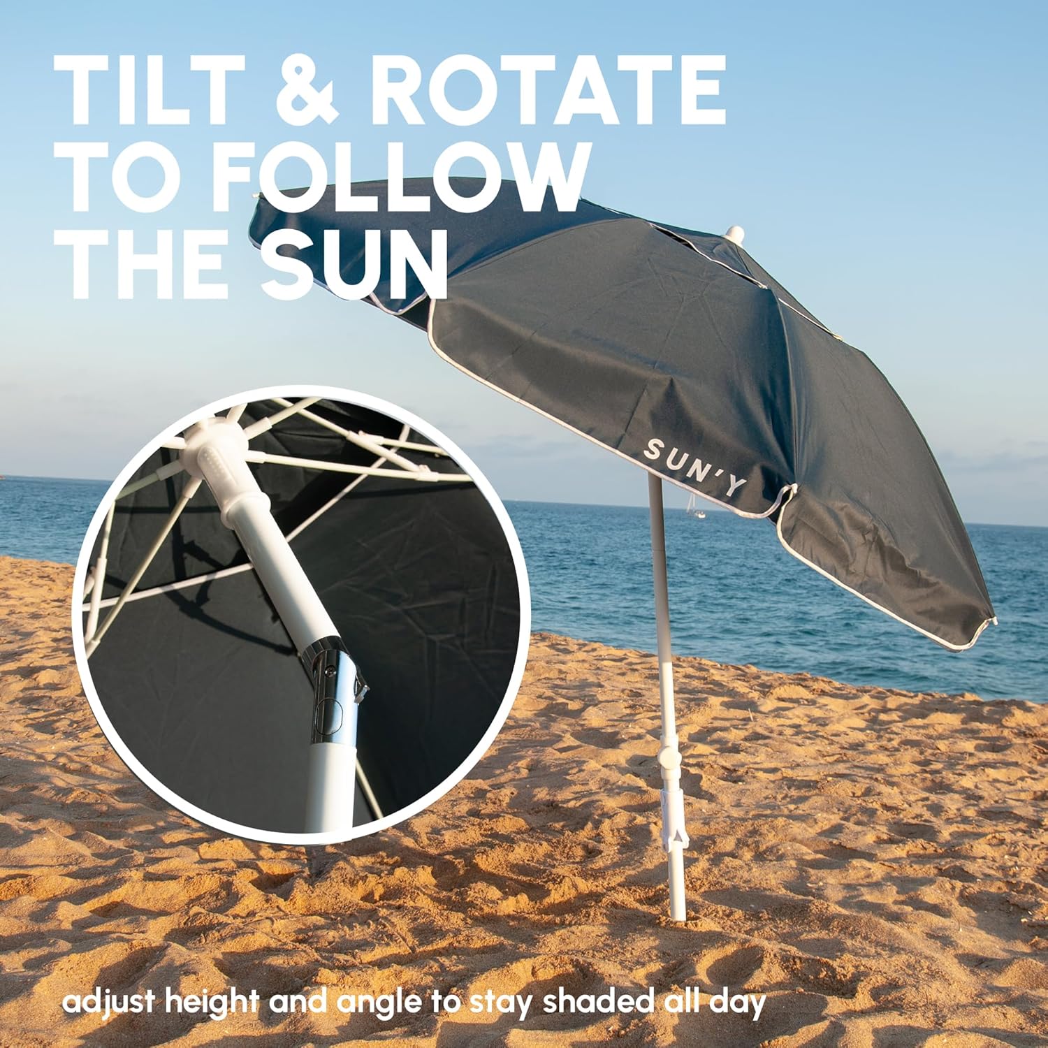 SUN'Y ESCAPES Beach Umbrella 6.5ft - Wind Resistant with Sand Anchor & Tilt, UPF 50+ Recycled Ocean Bound Fabric Canopy - Portable with Carry Bag