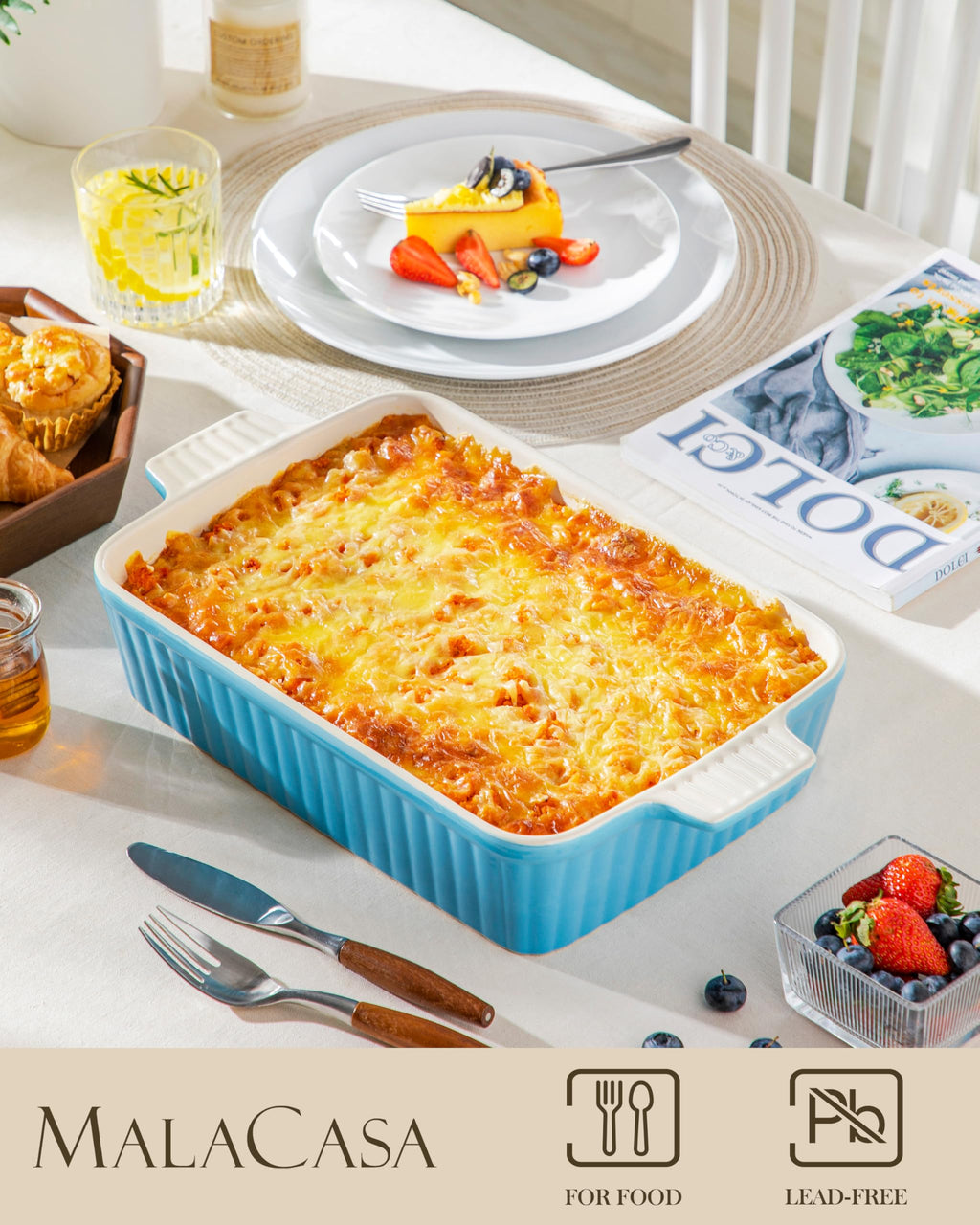 MALACASA 4.4 QT Baking Dish, 9x13 Large Casserole Dish for Oven, Ceramic Baking Pan, Rectangular Lasagna Pan Deep with Handles for Baking, Durable Microwave Oven Safe, Wedding Gift,White, Series BAKE-BAKE