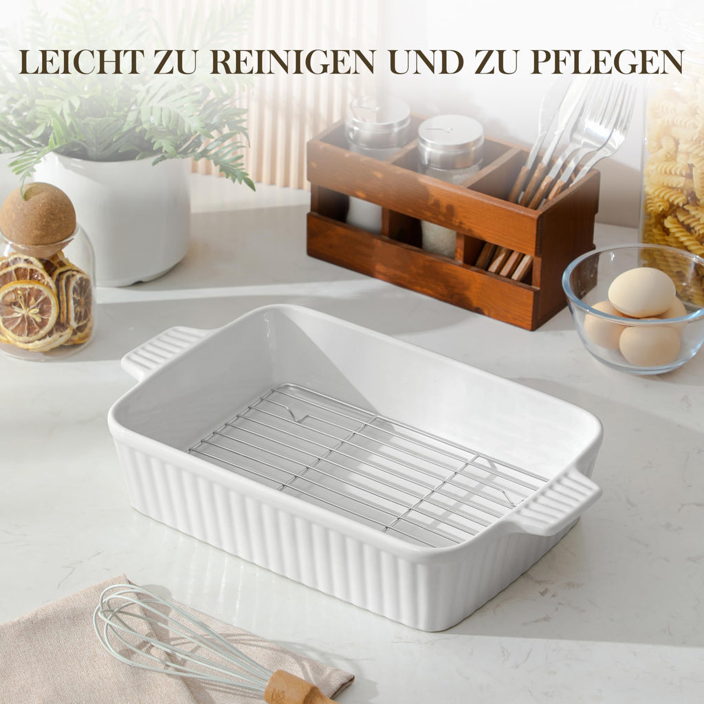 MALACASA 4.4 QT Baking Dish, 9x13 Large Casserole Dish for Oven, Ceramic Baking Pan, Rectangular Lasagna Pan Deep with Handles for Baking, Durable Microwave Oven Safe, Wedding Gift,White, Series BAKE-BAKE