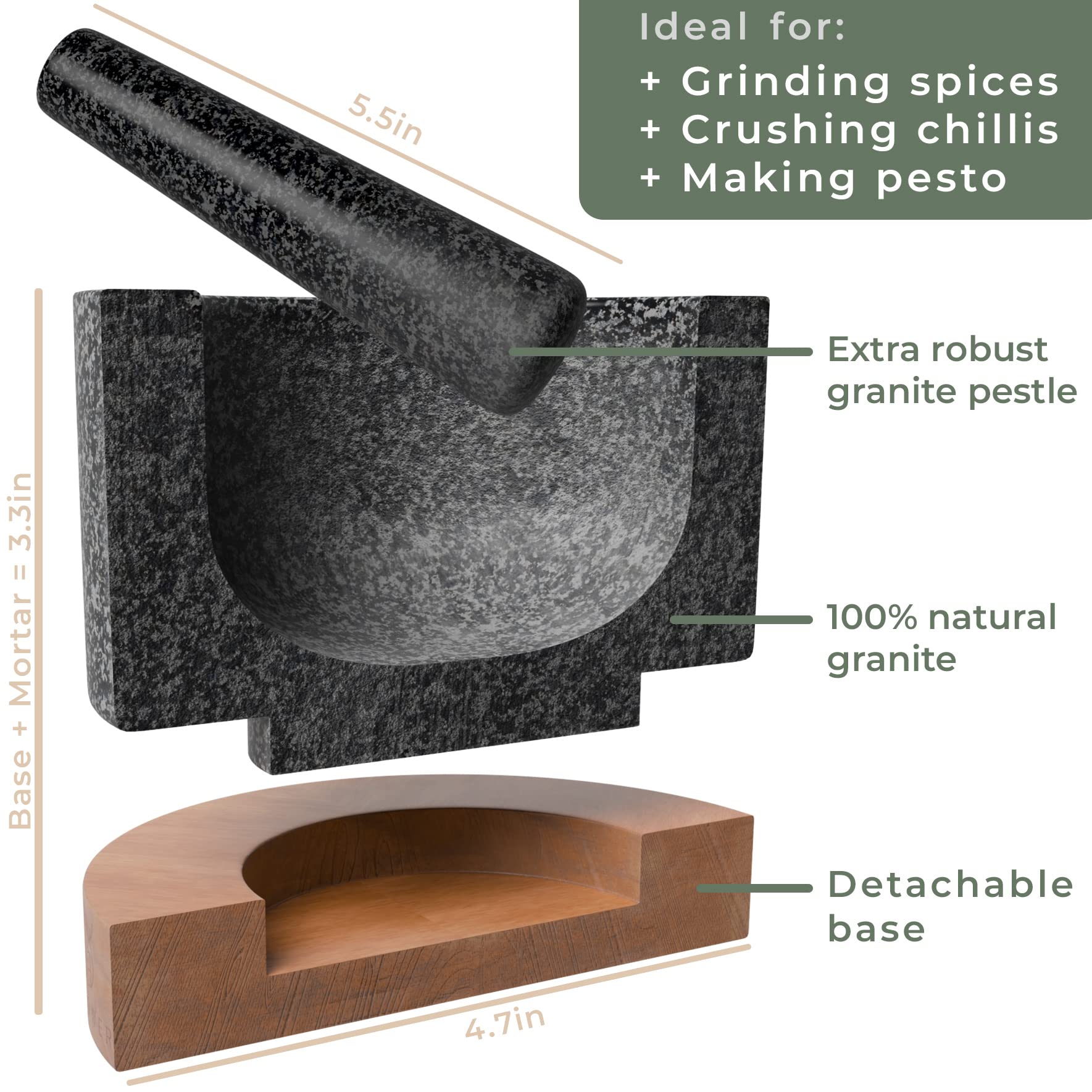 WALDWERK Mortar and Pestle - Mortar and Pestle Set with Anti-Scratch Oak Wood Base - Mortar with Extra Large Pestle Made of Natural Granite - Large Mortar and Pestle - Ideal for Guacamole