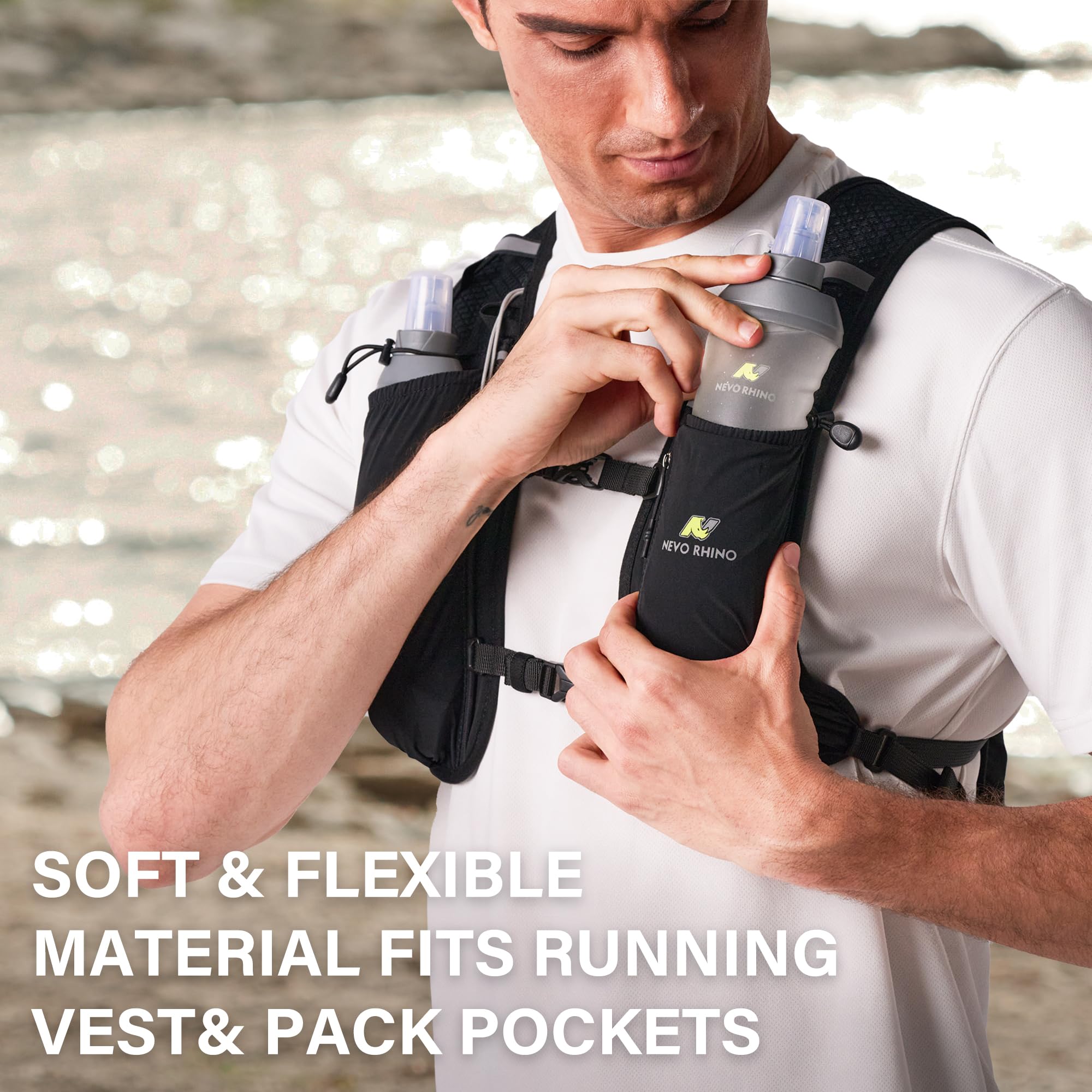 N NEVO RHINO 2PCS Soft Flask, 17oz/500ml TPU Running Water Bottle for Hydration Vests and Running Packs, Leak-proof BPA-Free Collapsible Water Bottles for Running, Hiking, Cycling, Climbing