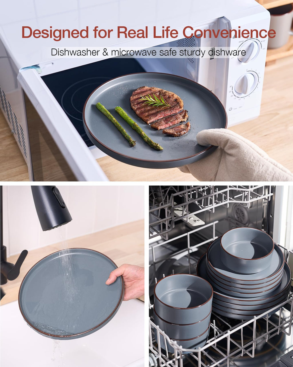 Famiware Nebula Ridge Stoneware Dinnerware Sets, Plates and Bowls Sets for 4, 12 Pieces Dishes Set, Microwave and Dishwasher Safe Kitchen Plates, Light Gray