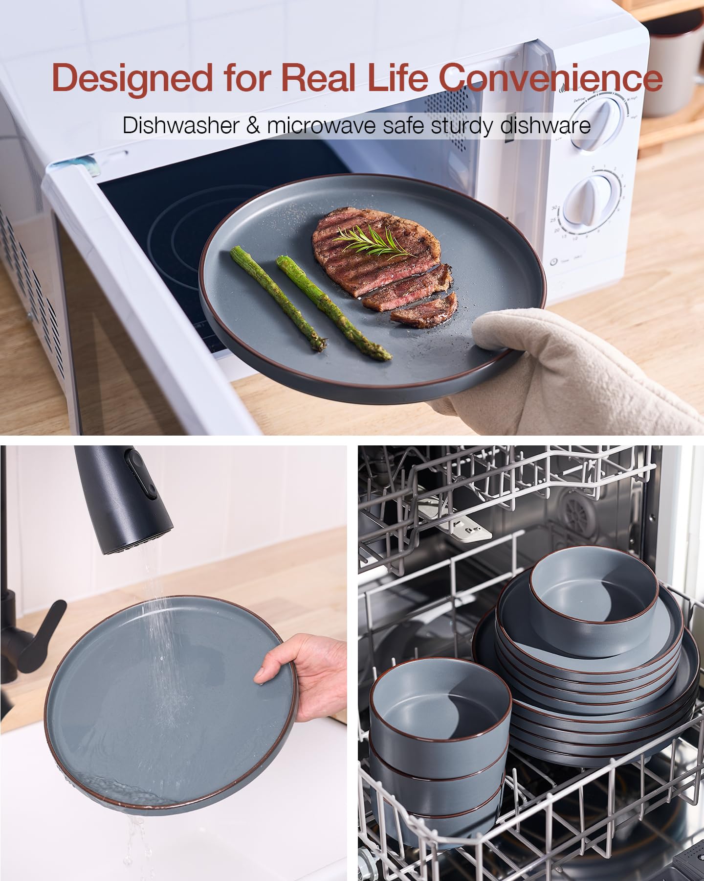 Famiware Nebula Ridge Stoneware Dinnerware Sets, Plates and Bowls Sets for 4, 12 Pieces Dishes Set, Microwave and Dishwasher Safe Kitchen Plates, Light Gray