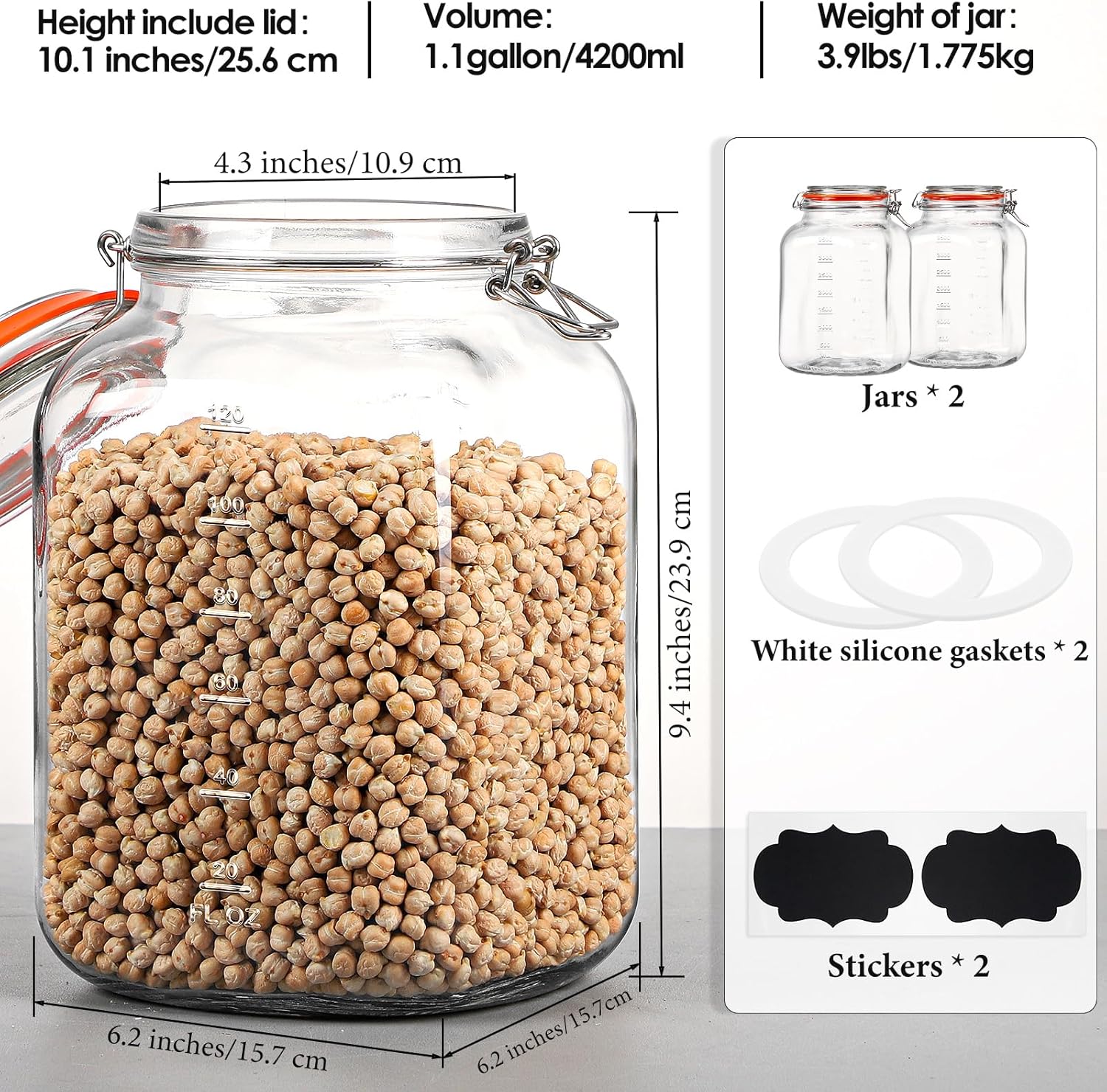 [UPGRADE] 2 Pack Square Super Wide Mouth Airtight Glass Storage Jars with Lids, 1.1 Gallon Glass Container with 2 Measurement Marks, Canning Jars with Leak-proof Lid for Kitchen (Spare Gasket)