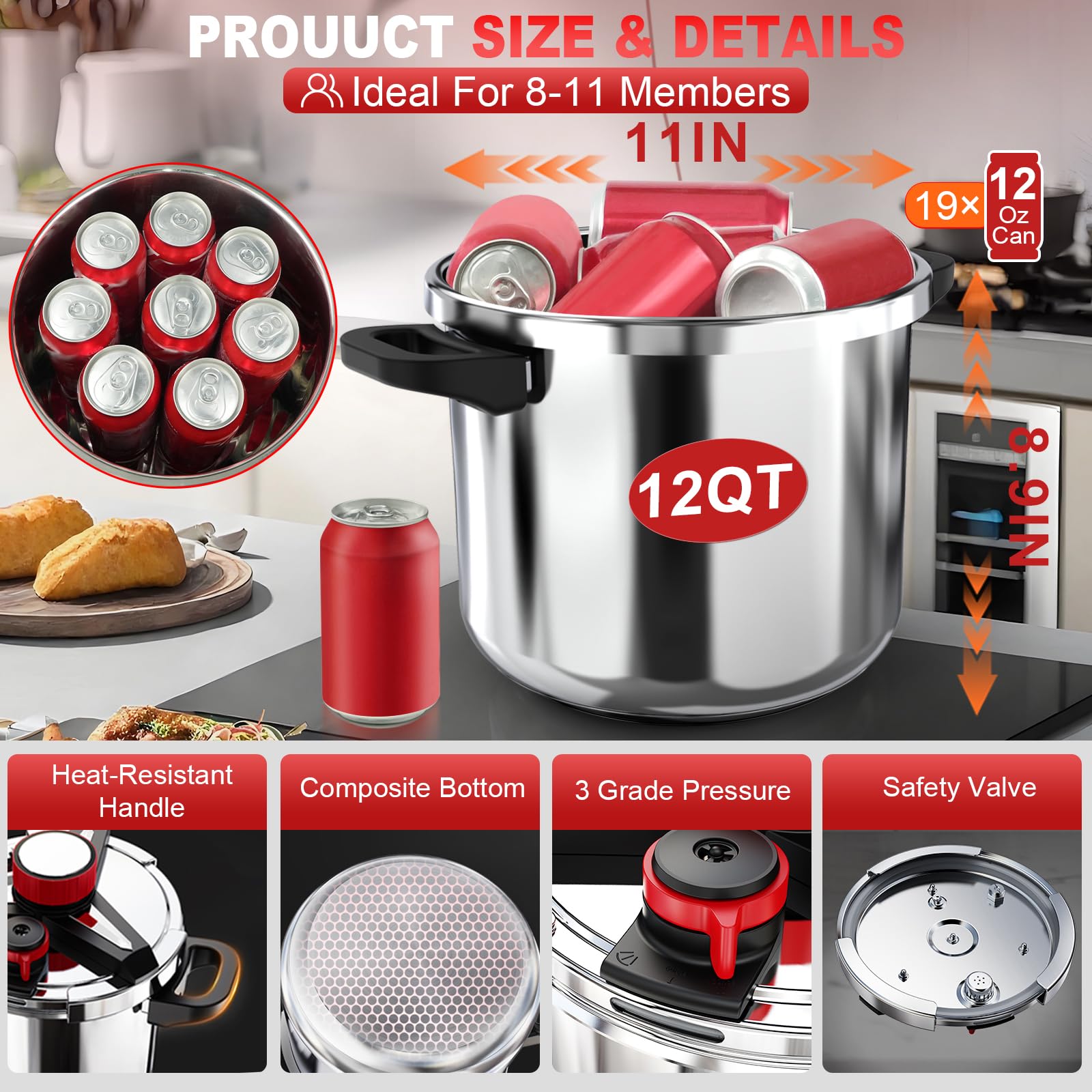 18/8 Stainless Steel Pressure Cooker 6 Quart, [One-Hand Locking] Olla de Presion, [3-In-1] Pressure Cooker, Includes Glass Lid & Steamer, Induction Compatible, Gas Stovetop Compatible