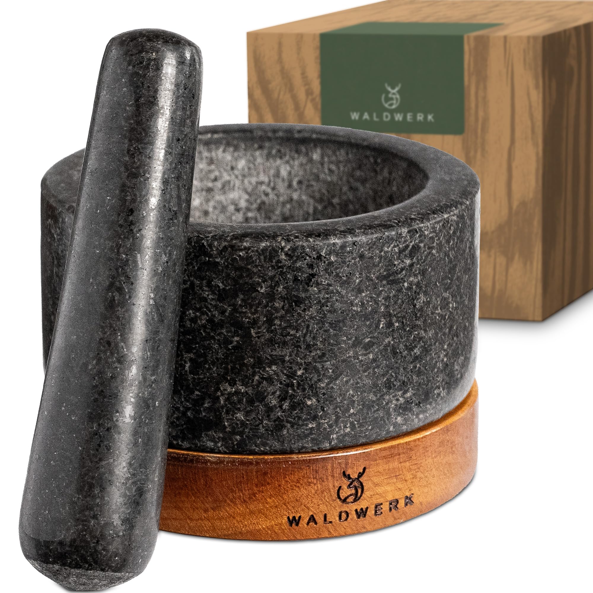 WALDWERK Mortar and Pestle - Mortar and Pestle Set with Anti-Scratch Oak Wood Base - Mortar with Extra Large Pestle Made of Natural Granite - Large Mortar and Pestle - Ideal for Guacamole
