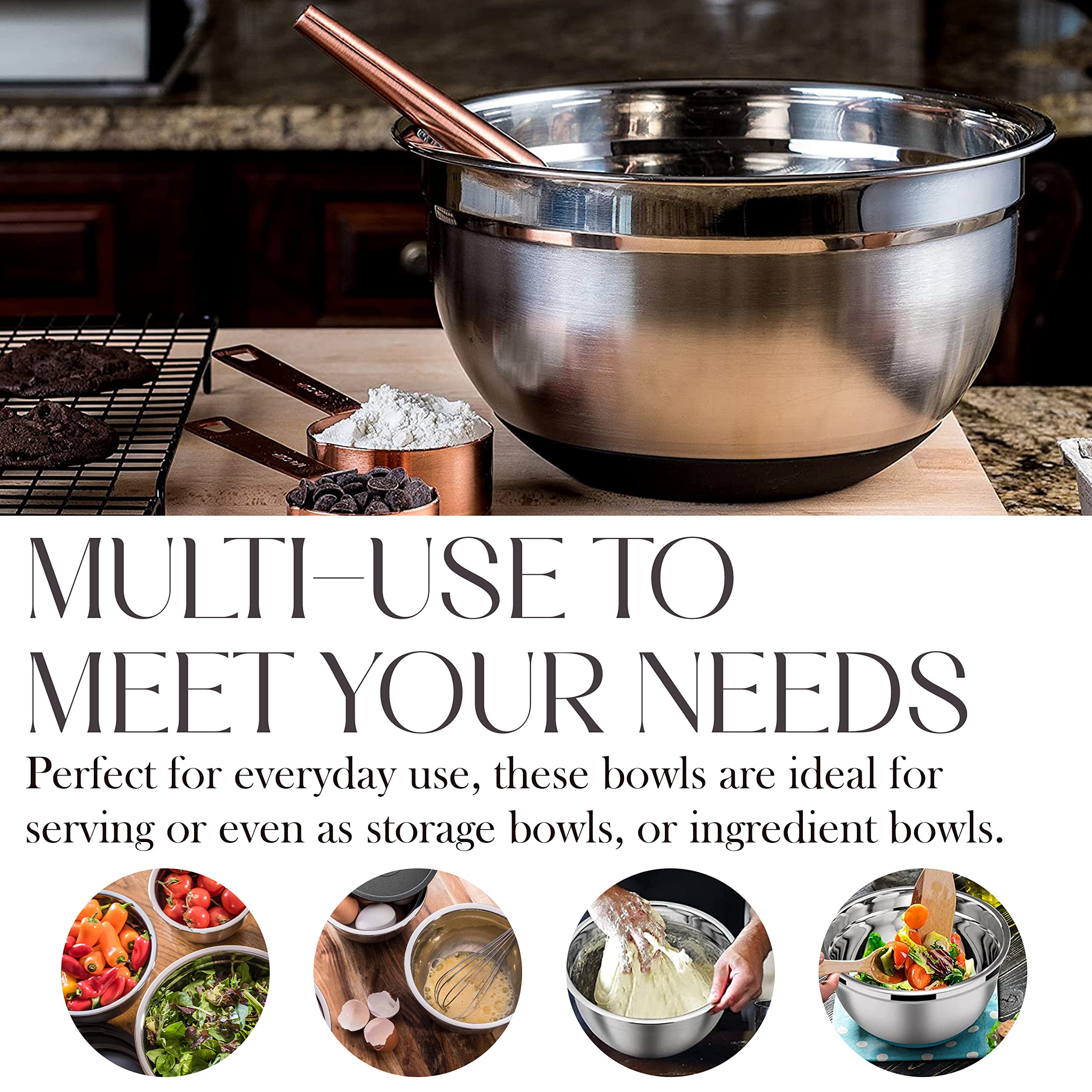 Stainless Steel Mixing Bowls with Lids Set – Large, Durable, Airtight Kitchen Bowls for Food Prep, Baking, Salad, and Storage (4 piece set)