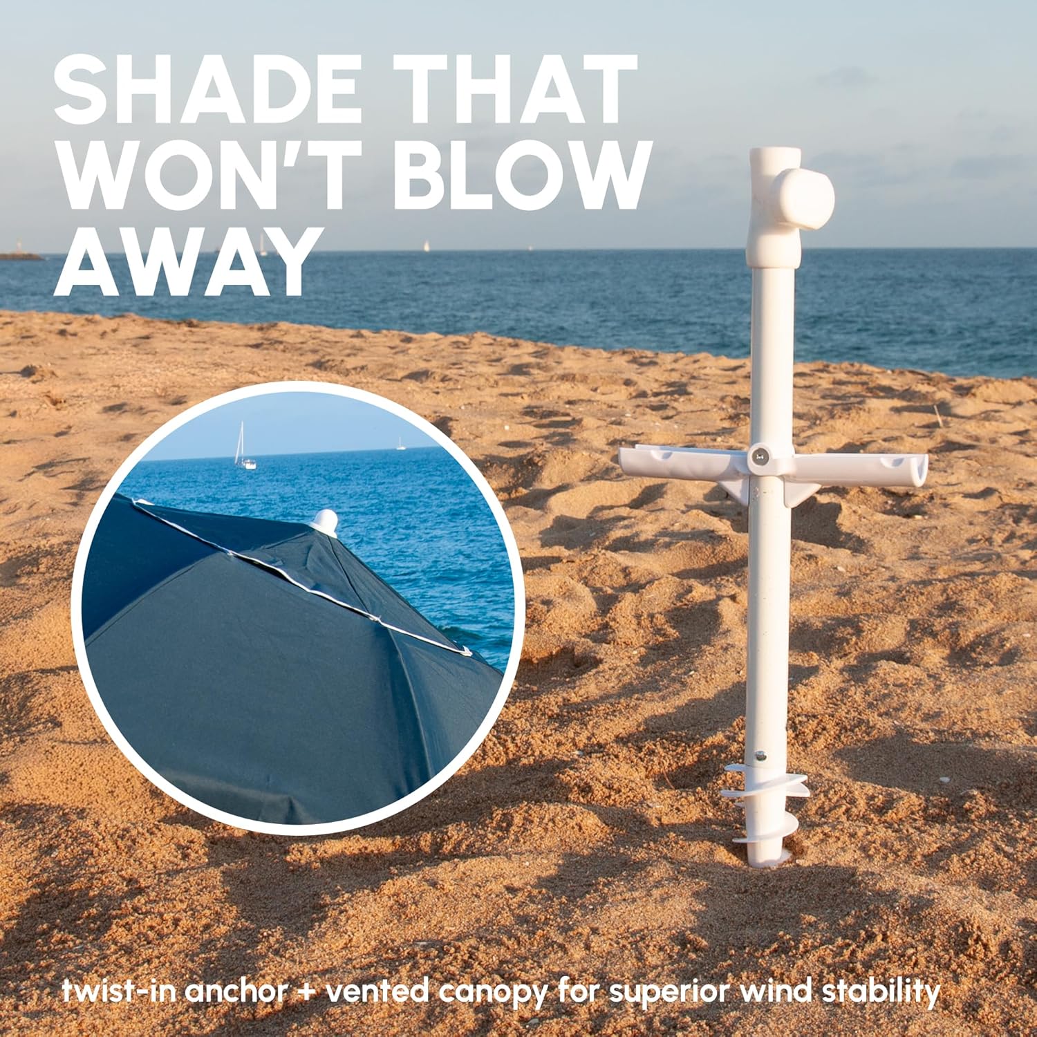 SUN'Y ESCAPES Beach Umbrella 6.5ft - Wind Resistant with Sand Anchor & Tilt, UPF 50+ Recycled Ocean Bound Fabric Canopy - Portable with Carry Bag