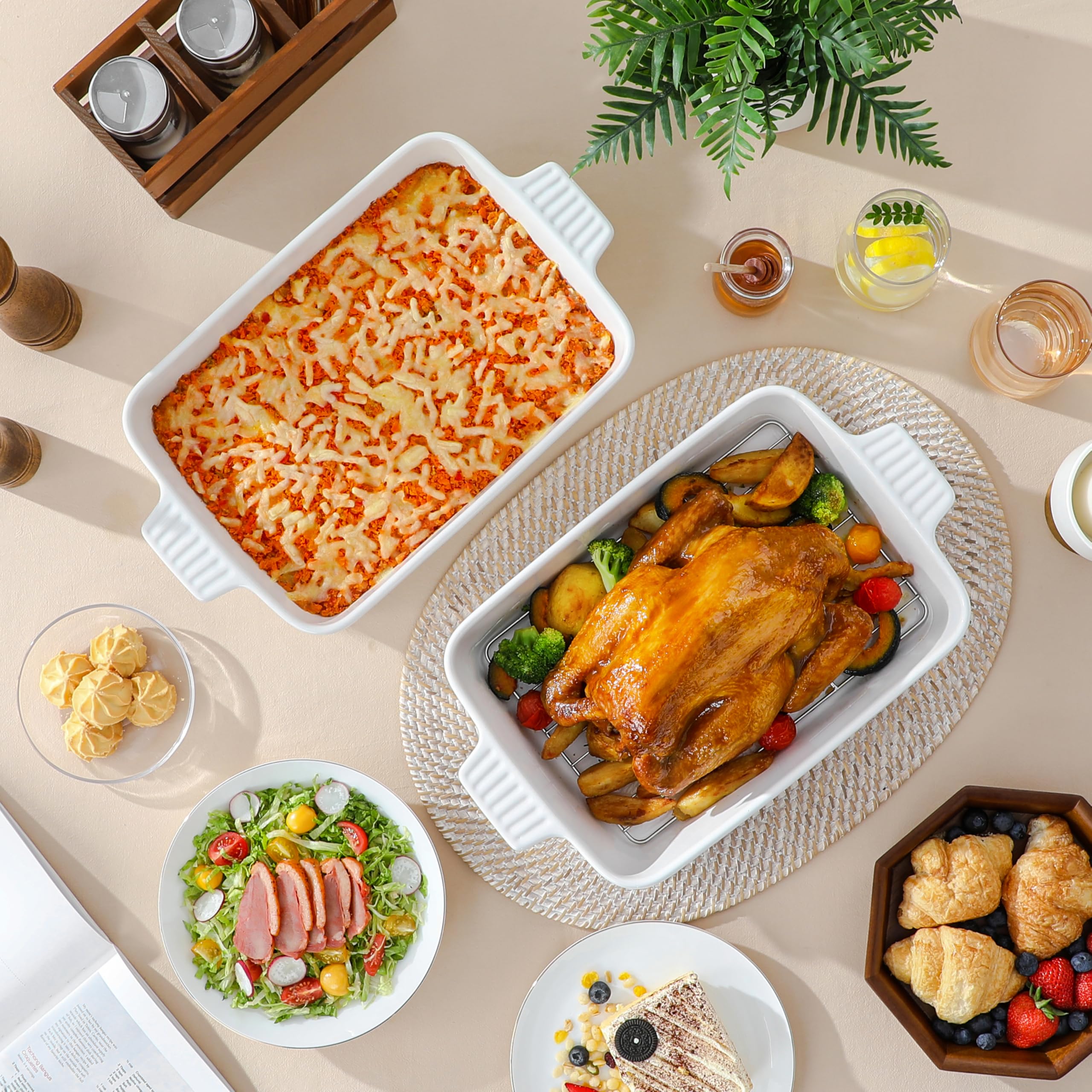 MALACASA 4.4 QT Baking Dish, 9x13 Large Casserole Dish for Oven, Ceramic Baking Pan, Rectangular Lasagna Pan Deep with Handles for Baking, Durable Microwave Oven Safe, Wedding Gift,White, Series BAKE-BAKE