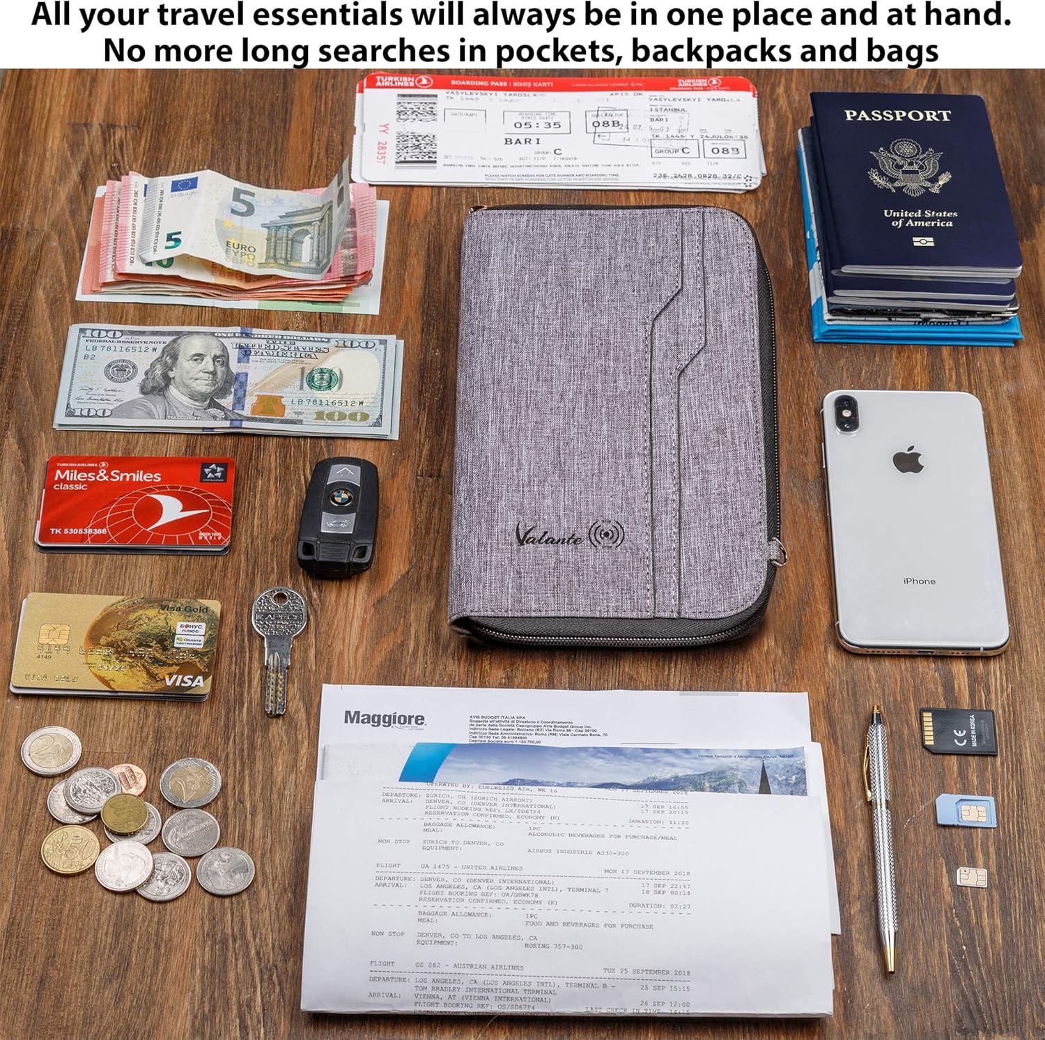 Valante Premium Family Travel Document Organizer Capacious RFID Passport Holder Wallet (Large, gray)
