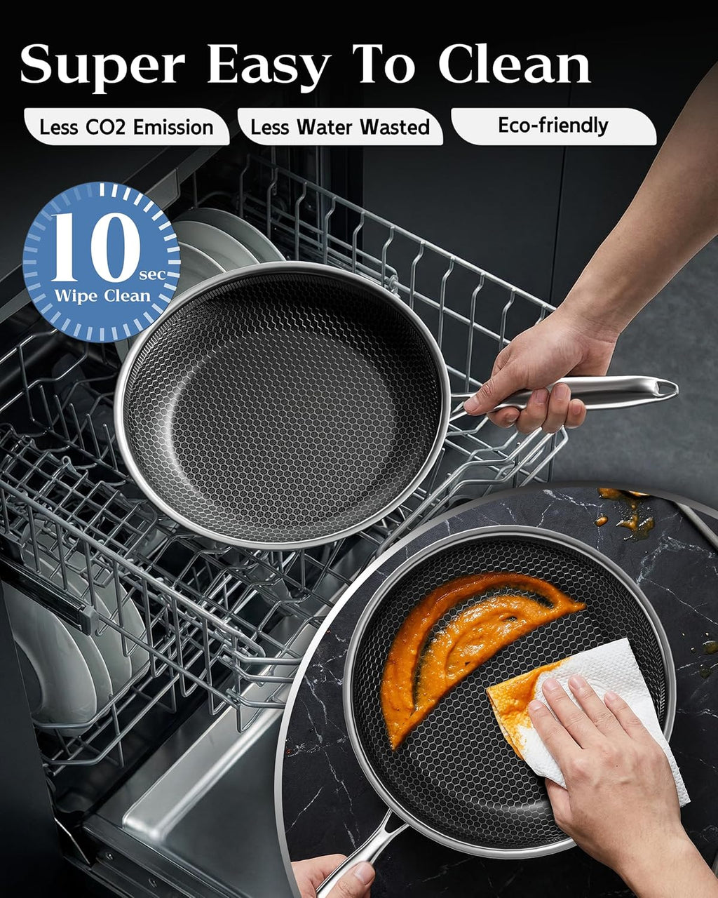 Honeycomb Stainless Steel Nonstick Frying Pan with Lid 10 Inch, Induction Cooktop Compatible Skillet, PFOA-Free Scratch-Proof, Dishwasher & Oven Safe, Stay-Cool Handle, Silver Kitchen Cookware
