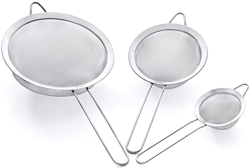 Strainer Set Fine Mesh – Premium 304 Stainless Steel (18/8) – 8″, 5.5″ and 3.3″ Sturdy Kitchen Strainers (Silver)