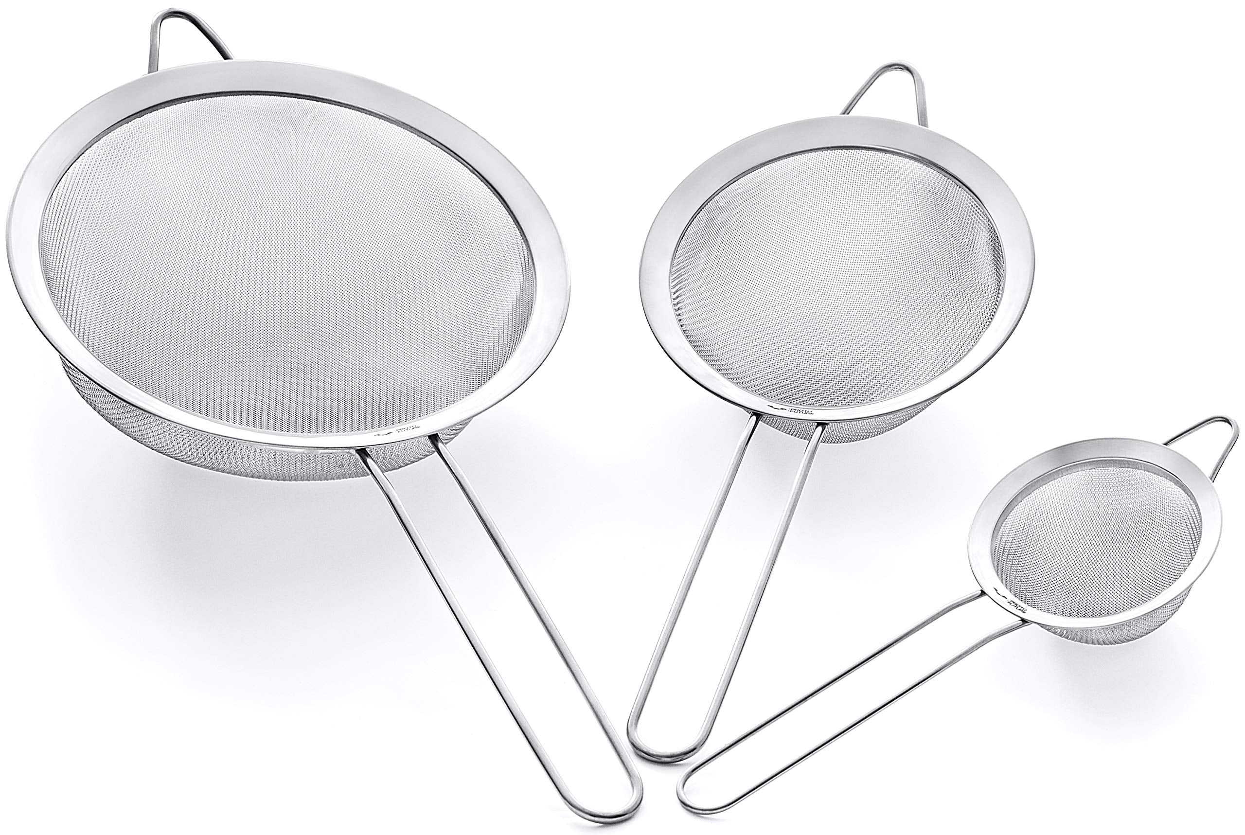 Strainer Set Fine Mesh – Premium 304 Stainless Steel (18/8) – 8″, 5.5″ and 3.3″ Sturdy Kitchen Strainers (Silver)