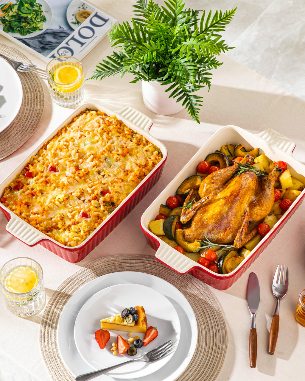 MALACASA 4.4 QT Baking Dish, 9x13 Large Casserole Dish for Oven, Ceramic Baking Pan, Rectangular Lasagna Pan Deep with Handles for Baking, Durable Microwave Oven Safe, Wedding Gift,White, Series BAKE-BAKE