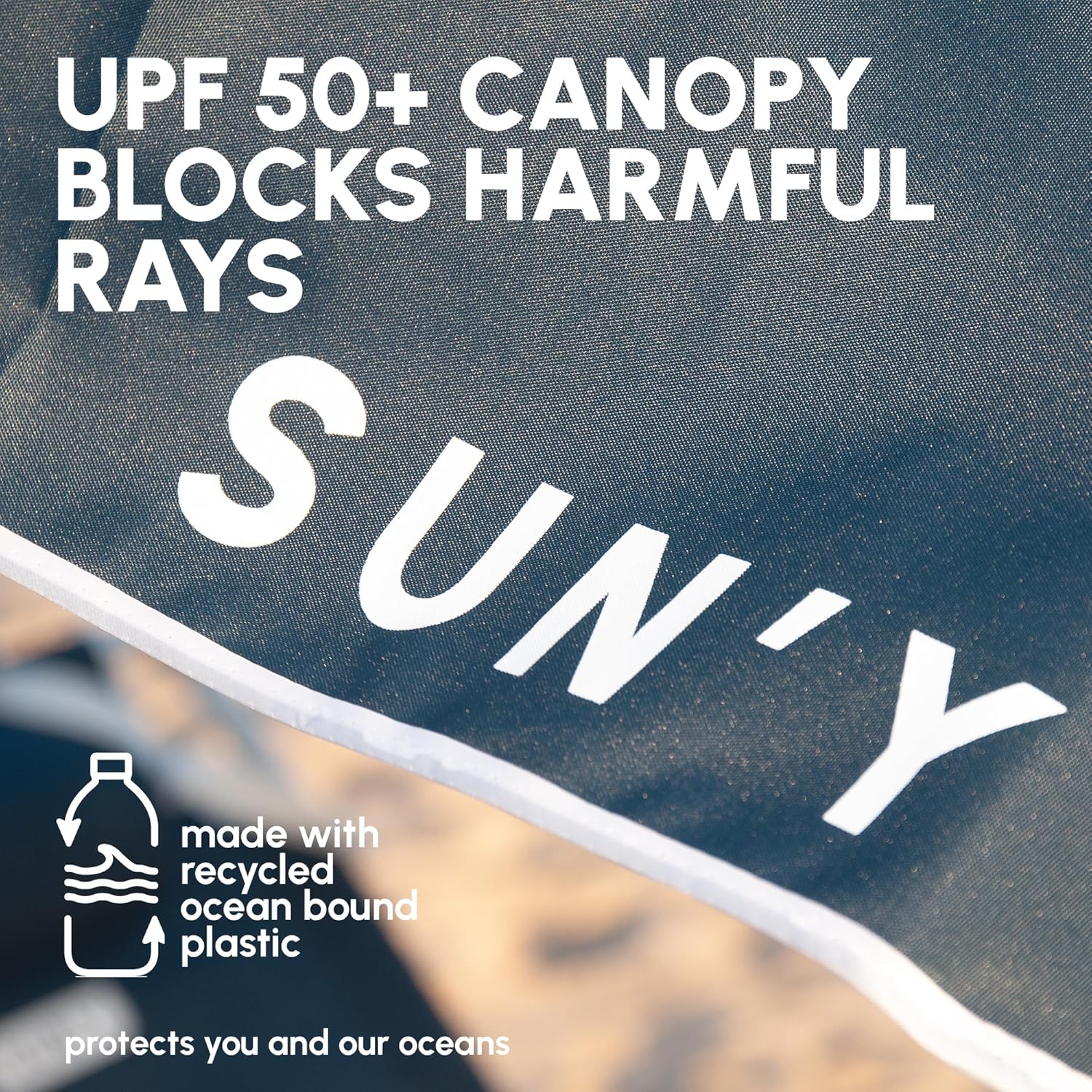 SUN'Y ESCAPES Beach Umbrella 6.5ft - Wind Resistant with Sand Anchor & Tilt, UPF 50+ Recycled Ocean Bound Fabric Canopy - Portable with Carry Bag